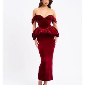 Elegant Off-Shoulder Red Velvet Dress